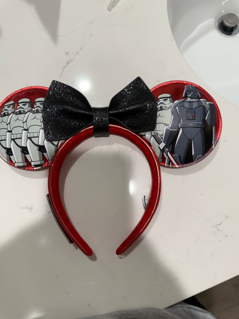 Loungefly Star Wars Red Metallic Ear Headband with Black Glitter Bow